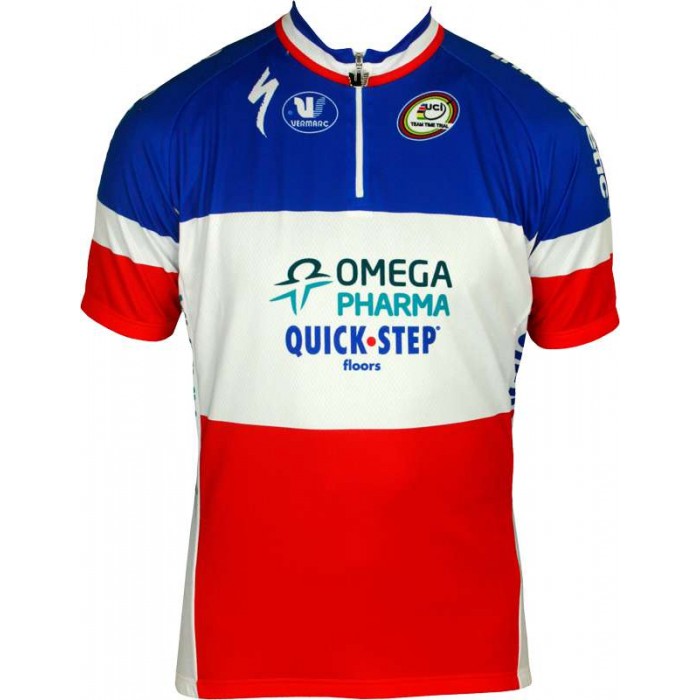 OMEGA PHARMA-QUICKSTEP Französischer Zeitfahrmeister 2013 Radsport-Profi-Team-Kurzarmtrikot mit kurzem Reißverschluss OMEGA PHARMA-QUICKSTEP Französischer Zeitfahrmeister 2013 Radsport-Profi-Team-Kurzarmtrikot mit kurzem Reißverschluss