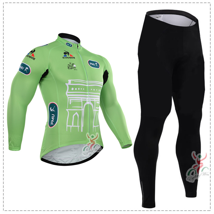 2015 Tour de France vert Fahrradbekleidung Radtrikot Satz Langarm und Lange Fahrradhose Radtrikot Kaufen