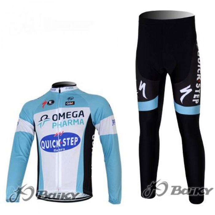 Omega Pharma Quick Step Pro Team Radbekleidung Satz Fahrradtrikot Langarm und Lang Radhose Blau Weiß Radtrikot Kaufen