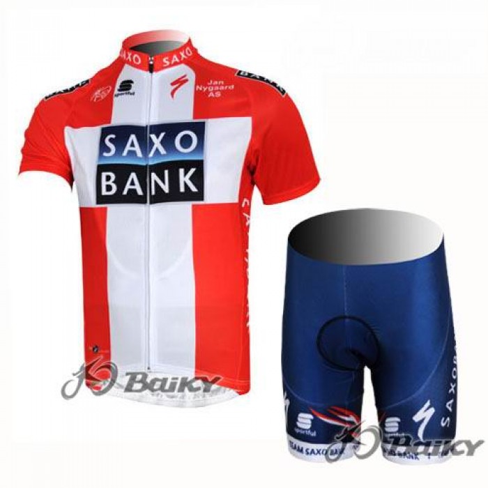 2012 Saxo Bank Dnischer Champion Radbekleidung Radtrikot Kurzarm und Fahrradhosen Kurz Rot Weiß Radtrikot Kaufen