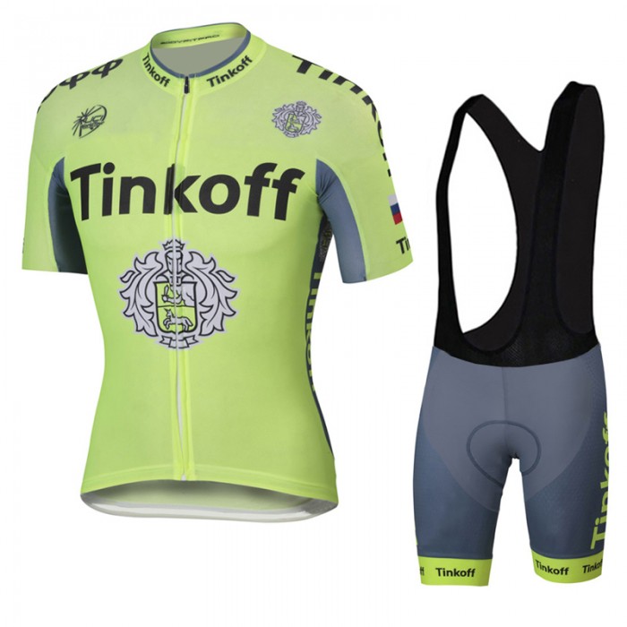 2016 Tinkoff Saxo Bank Fluo Light Green Fahrradbekleidung Satz Fahrradtrikot Kurzarm Trikot und Kurz Trägerhose Radtrikot Kaufen